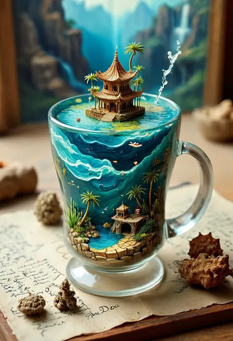 tilt-shift photo of best quality double exposure complex surreal painting on cracked paper, macro, microworld,  hyperdetailed,   insanely detailed, surreal, tiny genie spirit creature, flying oasis landscape placed inside a cup on the table in room. waterfall, lotus flowers,temple palms desert filigree, table cinematic, big eyes 32k, by Rockwell, WLOP Ryniac, Craola, Disney, van Gogh, highly detailed, intricated, intricated pose, high quality, centered, perfect composition.,
<lora:Midjourney_-_SemiReal_Dreams_FLUX_LoRA:1>,<lora:hyper-detail-illustration:1>, Selective focus, miniature effect, blurred background, highly detailed, vibrant, perspective control