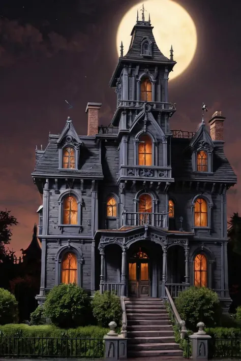 Annimation, in the style of the animated series [Over the Garden Wall], Haunted Mansion: "A gothic mansion with dark windows and a creaking door."