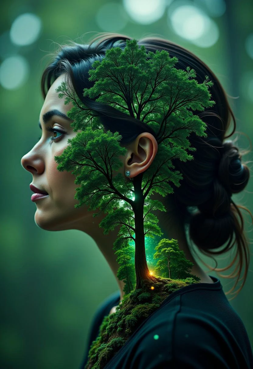 made out of biowatersparkles,bioluminiscence, Jeddblexpsre,double exposure, sparkles,Blend a close-up portrait of a person staring thoughtfully into the distance with a lush, green forest. The trees and leaves intertwine with the subject’s hair, symbolizing harmony with nature and deep-rooted growth