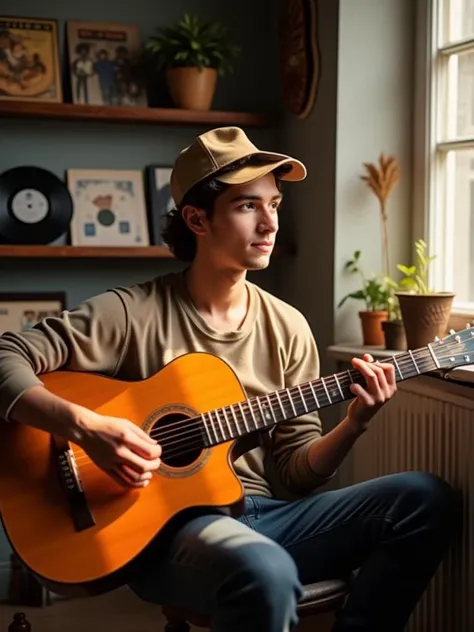 A serene scene of a young man sitting in a sunlit room, playing an acoustic guitar. He is dressed in casual earth-toned clothing, including a beige cap, with soft sunlight streaming through a nearby window, casting warm shadows across his face. Behind him, shelves filled with vinyl records and vintage music memorabilia create a nostalgic and artistic atmosphere. The man gazes thoughtfully into the distance, absorbed in the peaceful moment of music. The overall mood is reflective and calm, with a focus on the beauty of natural light, music, and quiet introspection.