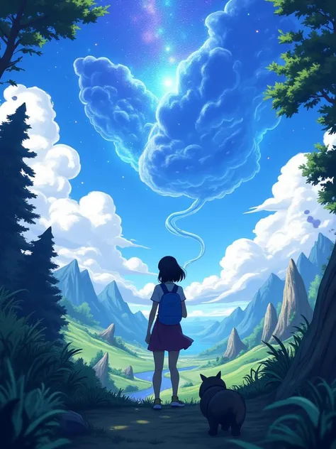 Isekai anime scene of a character discovering they've been transported to a magical world, with awe-inspiring landscapes and mysterious creatures framing their reaction, digital composition, trending on ArtStation.