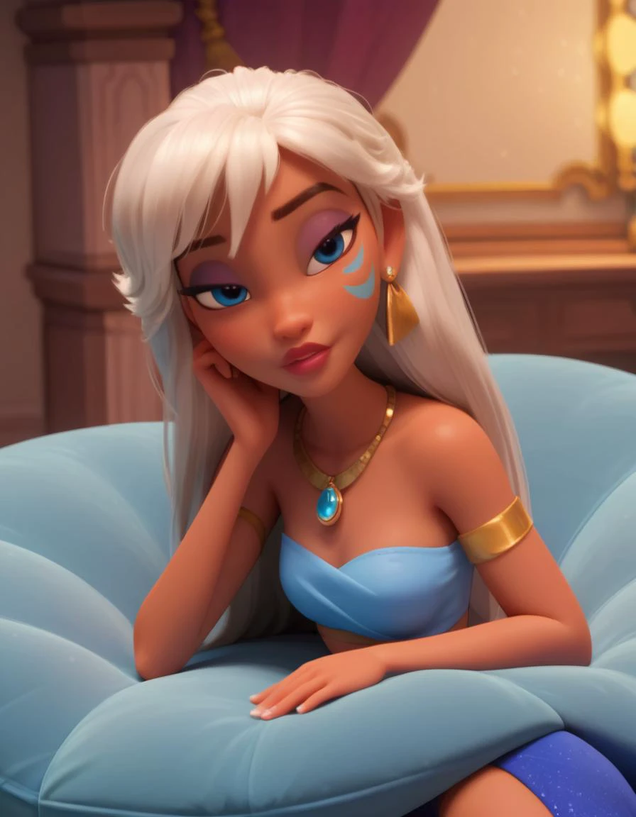 <lora:add-detail-xl:.7> <lora:princess_xl_v2:.7> <lora:Expressive_H:.75> <lora:disney3d-ponyxl:.7> <lora:KidaXLP_character:.7>
score_9, score_8_up, score_8, sexy 20 year old , 1girl, KidaXLP, dark skin, blue eyes, long hair, jewelry, white hair, facial mark, bangs, lips, makeup, loincloth, blue skirt, tube top, puffy lips, makeup, dark eyeliner, cinematic lighting, eyes half closed, sexy aroused face, adult, sitting on beanbag chair, lounge, solo girl, disney 3d style