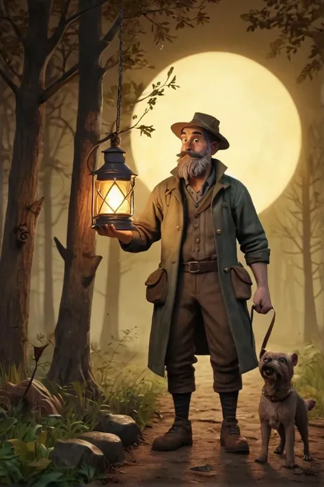 Annimation, in the style of the animated series [Over the Garden Wall], The Woodsman: "A rugged, bearded man with a lantern and a loyal dog."