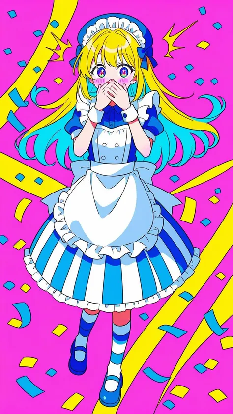 (1girl:1.3), (cute:1.2), (anime style:1.1), (simple background:1.2), (flat colors:1.2), (lineart:1.1), ((bright colors)), ((surprised, hands covering mouth)), blue sky, white clouds, confetti, (full body:1.1), (dynamic pose:1.1), (maid outfit), (striped clothes), (hat:1.1), (long hair:1.1), detailed eyes, (emotional:1.2), vibrant, cheerful, colorful, ((2D anime style))