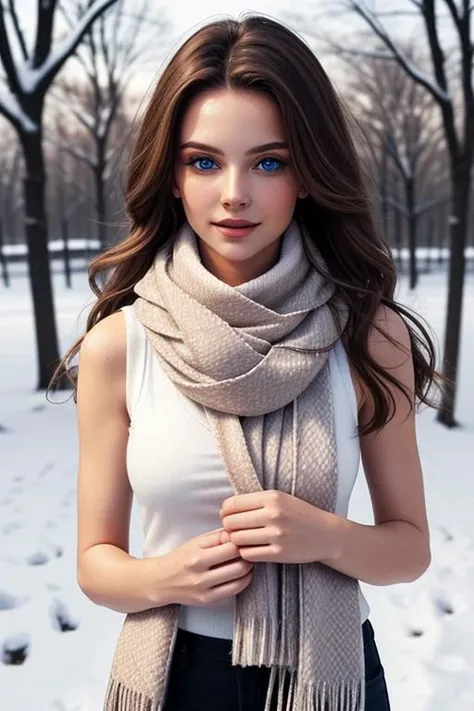 a beautiful woman with a sleeveless t shirt and a long woolen winter scarf wrapped around her neck and with soft and A silky LONG free hair