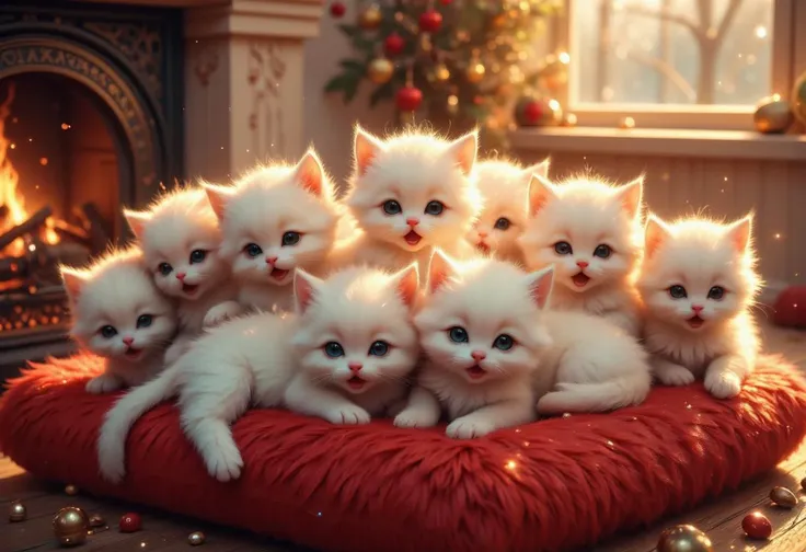 many snow-white little kittens, sitting on fluffy red cushion, meowing, warm atmosphere, cuteness, warm colors, fireplace on the background.