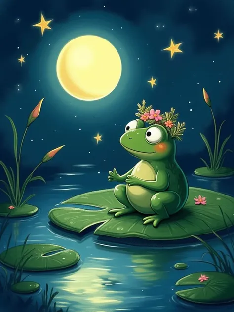 An endearing drawing of a tiny frog on a lily pad, wearing a crown of flowers, as it serenades a moonlit pond with a soft, melodic croak, surrounded by twinkling fireflies.
