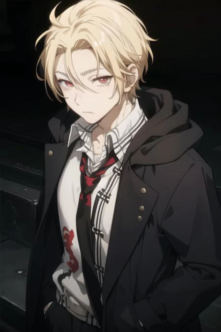 masterpiece, best quality, high quality, 1boy, solo, male focus, looking at viewer, upper body, <lora:king_of_despair:0.66>, king_of_despair, red eyes, blonde hair, hair between eyes, , coat