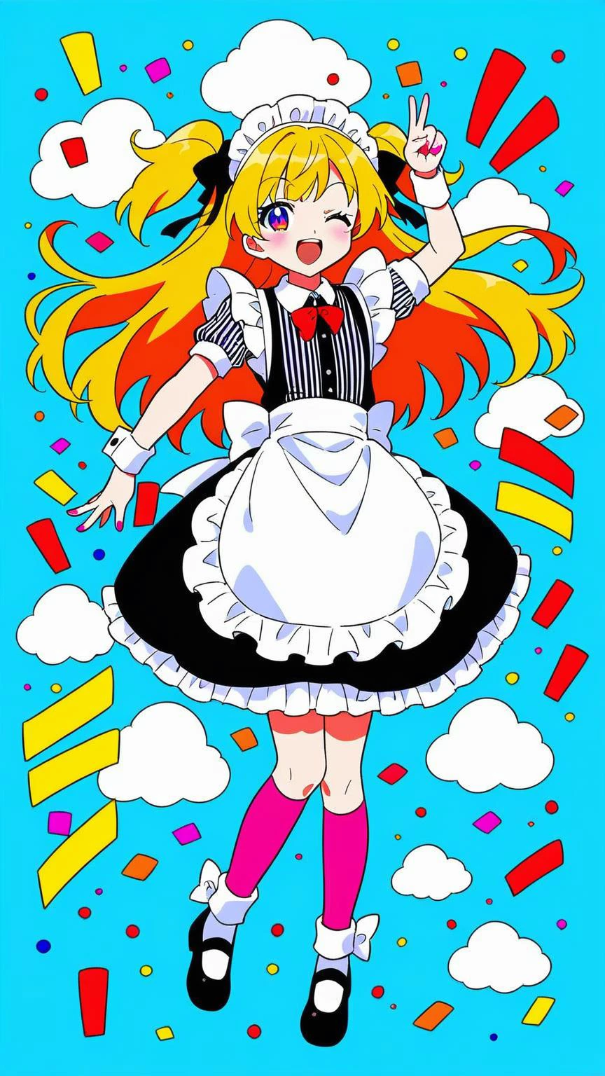 (1girl:1.3), (cute:1.2), (anime style:1.1), (simple background:1.2), (flat colors:1.2), (lineart:1.1), ((bright colors)), ((winking, playful expression)), blue sky, white clouds, confetti, (full body:1.1), (dynamic pose:1.1), (maid outfit), (striped clothes), (hat:1.1), (long hair:1.1), detailed eyes, (emotional:1.2), vibrant, cheerful, colorful, ((2D anime style))