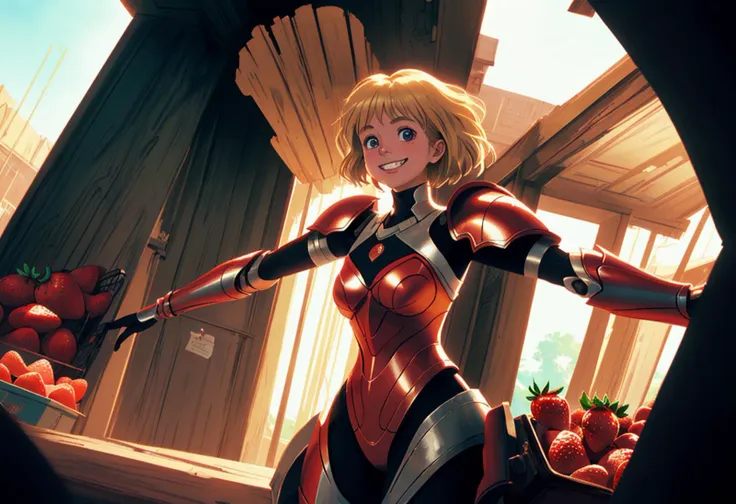 a beautiful cute woman superhero length blonde hair,,,((masterpiece:1.3,concept art,best quality)),very cute appealing anthropomorphic strawberry,looking at the viewer,big grin,happy,fruit,berry,droplets,macro,sunlight,fantasy art,dynamic composition,dramatic lighting,epic realistic,award winning illustration,wearing broken battle armor,,Contemplative,front view, medium close-up seen from below,bakery,Fujicolor Fujichrome Velvia 100,cinematic lighting