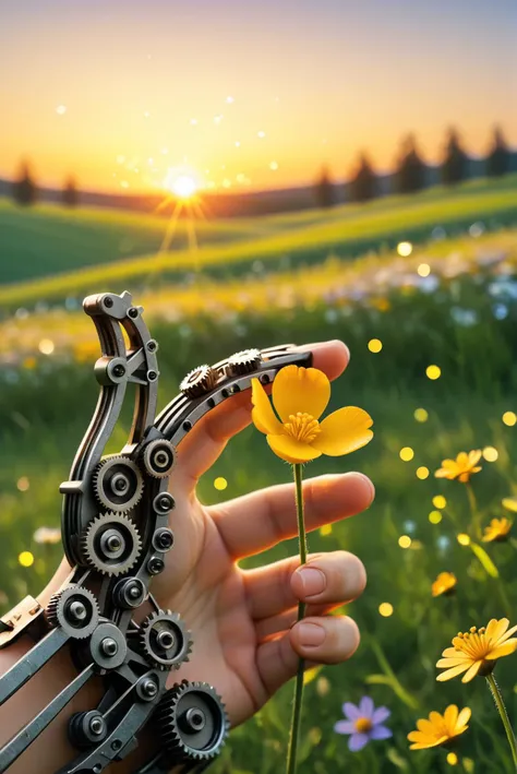 delicate buttercup flower, closeup of a hand made out of gears touching a small delicate flower, <lora:Gears_World_Morph:.8> g3ars, bokeh, green meadow with wildflowers in the background, sunset, <lora:d3t41l3dXLP:0.7> d3t41l3d <lora:controlnetxlCNXL_h94IpAdapterPlus:1>