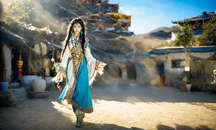 zangzu,full body shot,Tibetan costume,night scene,(looking back at viewers:1.2),1 Chinese girl,big breasts,(photo pose:1.2),portrait photography,(depth of field blur),multiple elements,clear picture,distinct layers,distinct light and dark,rich details,sharp focus,medium sea blue and radiant dark tones,yellow-green color scheme,light cyan warm tones,<lora:20240412-1712889616707:0.8>,<lora:ip-adapter-plus-face_sdxl_vit-h:0.65>,
