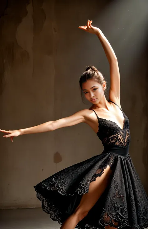 score_9, score_8_up, score_7_up, (1girl:1.8), photorealistic, ballerina, brown skin, shoulder length hair, half body shot, one arm to the side another above head, elegant pose, (black lace dressâââ:1.5), extremely sharp focus, fine details, symmetrical eyes, soft even lightingâââ