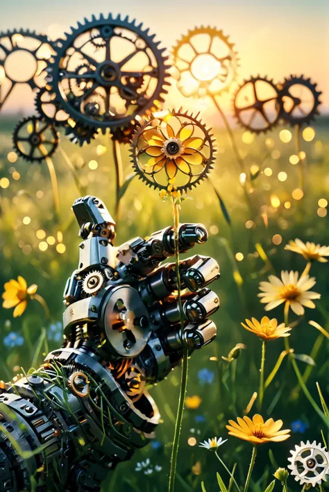 delicate buttercup flower, closeup of a mechanical hand made out of gears touching a small delicate flower, <lora:Gears_World_Morph:.8> g3ars, bokeh, green meadow with wildflowers in the background, sunset, <lora:d3t41l3dXLP:0.7> d3t41l3d <lora:controlnetxlCNXL_h94IpAdapterPlus:1>