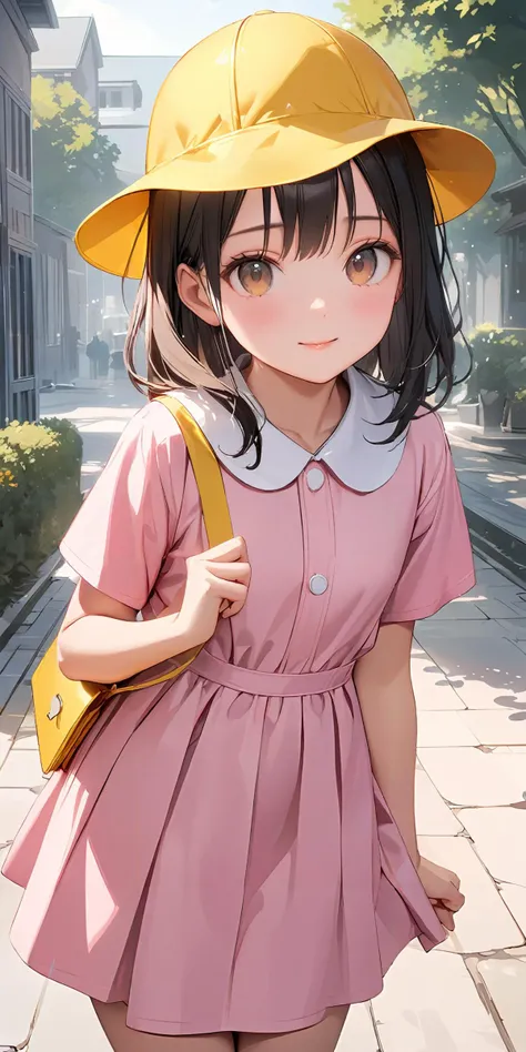 masterpiece,ultra-detailed,best quality,8K,illustration,cute face,clean skin ,shiny hair,girl,
 <lora:add-detail-xl:1> <lora:youchien_XL_V1.0:1> jyojifuku, pink dress, yellow school hat, shoulder bag