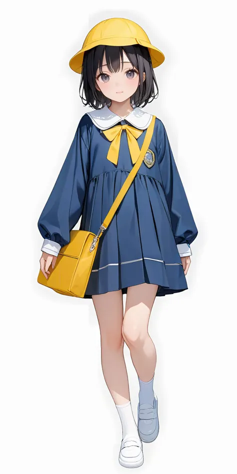 masterpiece,ultra-detailed,best quality,8K,illustration,cute face,clean skin ,shiny hair,girl,simple background
 <lora:add-detail-xl:1> <lora:youchien_XL_V1.0:1> jyojifuku, blue dress, yellow school hat,white socks,white shoes,shoulder bag