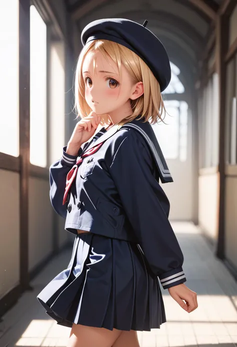 score_9, score_8_up, score_7_up, source_anime, <lora:Fixhands_anime_bdsqlsz_V1:1>, <lora:Expressive_H:0.6>, Expressiveh,
masterpiece, highres, ultra detailed, best quality, extremely detailed face, large round eyes, uncensored, perfect lighting, 1girl, solo, walking, petite, blonde hair,
shiny eyes, shiny hair, blush, embarrassed, pursed lips,
hand up, one hand on chin,
from back, from side, looking back, cowboy shot,
<lora:youchien_Pony_V2.0:1>, jyojifuku, school uniform, beret, wrinkles in clothes,
<lora:sinfully_stylish_PONY_0.2:0.5>,sunlight,