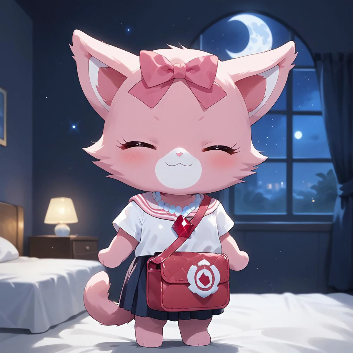 uploaded on e621, source_furry, moe, cute, score_10, score_9_up, score_8_up, score_7_up, score_6_up,
masterpiece, super fine illustration, best quality, light particles, ultra-detailed, 8K wallpaper, vivid colors,highly detailed beautiful face and eyes,
front_view,
((background:hotel,bedroom,Indoors)),(night,dark,moon,shiny,evening, night time, night sky,dark blue lighting,shadow:1.5),
BREAK,
standing,smile, Full Body, Romantic, Small Body, Furry, jewel pet, ((solo,1girl,female)),Garnet,((perfect garnet)),(pink fur,pink body),((pink color cheek fur)),((pink limbs)),two-tone fur around mouth,((white color fur around mouth and nose)),((white chest tuft)),fluffy_tail,seductive,
solo,torogao,closed eyes,closed smile mouth,
clothed,jyojifuku, school uniform,light blue school uniform, shoulder bag, beret,
no humans,animal,cat,cat ears,(pink inner ears),
bow,ears accessory,pink ears bow, 1 pink bow on ears,pink bow ears accessory,necklace,jewelry,necklace jewelry,right-handed,