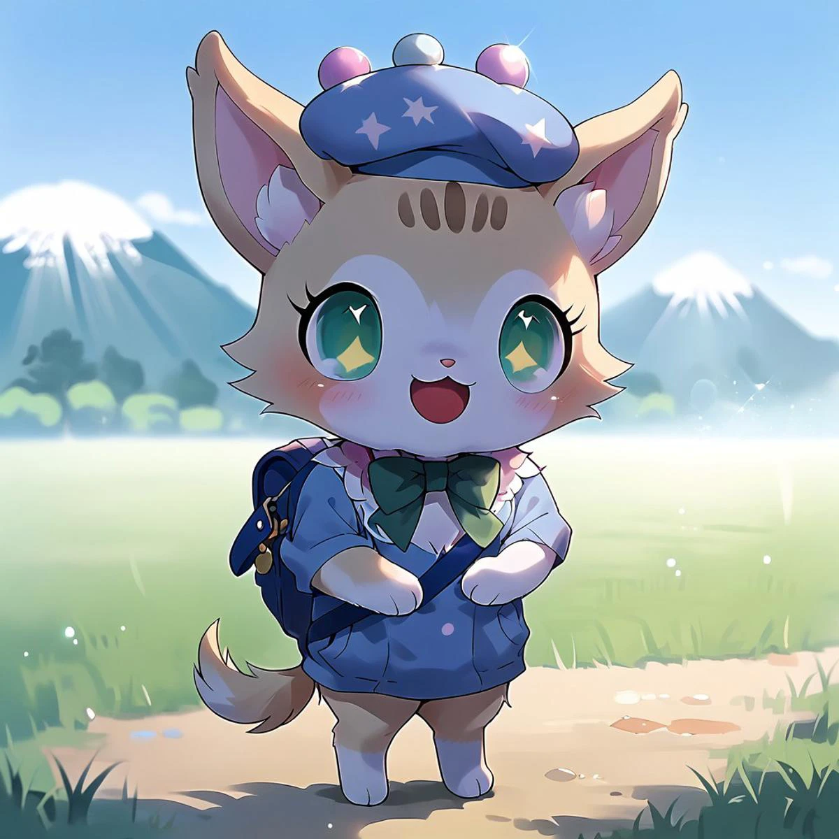 uploaded on e621, source_furry, moe, cute, score_10, score_9_up, score_8_up, score_7_up, score_6_up, sun,blue_sky, mountain, field,standing,smile,happy, Full Body, Romantic, Small Body, Furry, looking_pleasured, jewel pet, ((solo,1girl,female)),center,((Milky,perfect milky)),green eyes,bright pupils, torogao,
light blue fur,((pink chest tuft)),white frilly headdress, 
clothing, jyojifuku, school uniform, shoulder bag, beret,
no humans,animal, chihuahua,[cat], animal ears, (neck bow,green_bow,1 bow in front),dog tail,