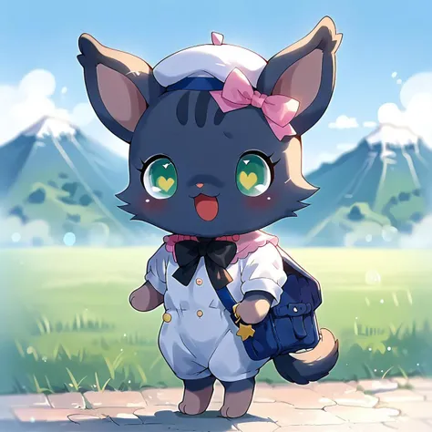 uploaded on e621, source_furry, moe, cute, score_10, score_9_up, score_8_up, score_7_up, score_6_up, sun,blue_sky, mountain, field,standing,smile,happy, Full Body, Romantic, Small Body, Furry, looking_pleasured, jewel pet, ((solo,1girl,female)),center,Milky,perfect milky,green eyes,bright pupils, torogao,
light blue fur,((pink chest tuft)),white frilly headdress, 
clothing, jyojifuku, school uniform, shoulder bag, beret,
no humans,animal, chihuahua,[cat], animal ears, (neck bow,green_bow,1 bow in front),dog tail,