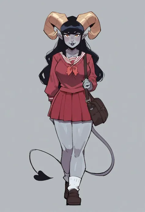 4k, source_anime, score_9_up, score_8_up, score_7_up, rating_safe, perfect facial features, succubus, gold ram horns, grey skin, 1girl, 22 year old, tall, mature, long black hair, full body, horny, shy expression, facing towards viewer, looking at viewer, jyojifuku, school uniform, shoulder bag,