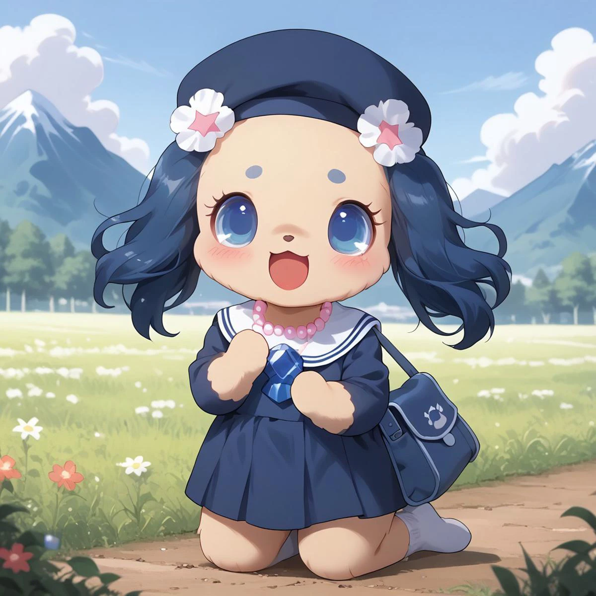 uploaded on e621, source_furry, moe, cute, score_10, score_9_up, score_8_up, score_7_up, score_6_up, sun,blue_sky, mountain, field, standing,petplay,kneeling,begging,begging_pose,smile, Full Body, Romantic, Small Body, Furry, looking_pleasured, jewel pet, ((solo,1girl,female)), center, Sapphie, perfect sapphie,(yellow fur blue lop ears,ears fur),
torogao,red eyes,closed smile mouth,
clothed,lightblue clothing,jyojifuku, school uniform,lightblue school uniform,shoulder bag, beret,
blue eyes, open smile mouth,no humans, animal,dog,cavalier king charles spaniel, hair_accessory,blue cotton,pink cotton, Cotton-like flower crown, blue jewelry,necklace,g clef necklace,