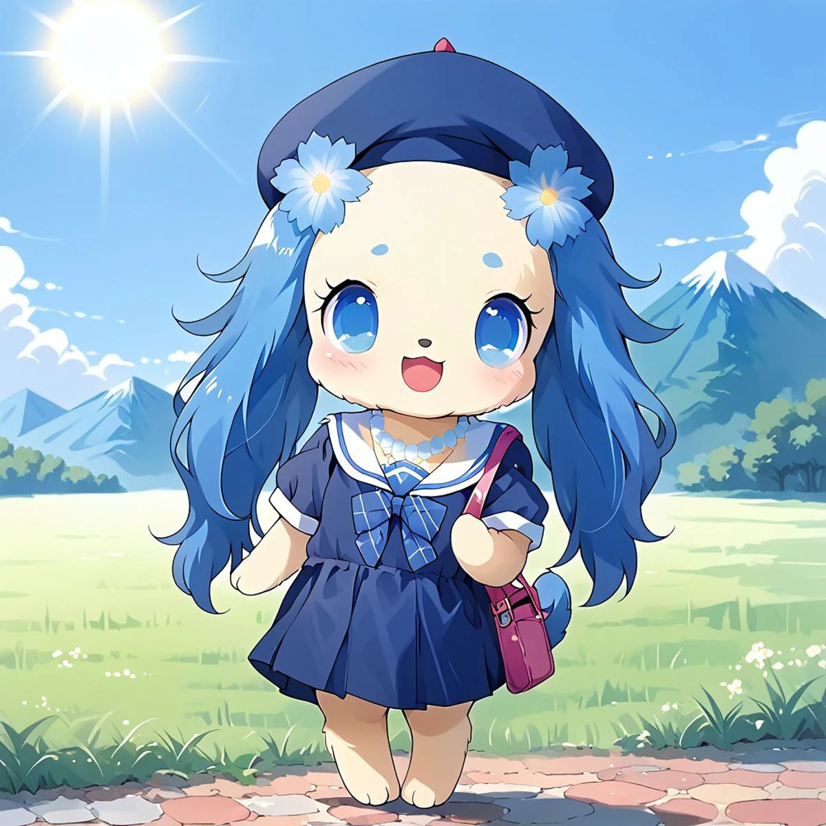 uploaded on e621, source_furry, moe, cute, score_10, score_9_up, score_8_up, score_7_up, score_6_up, sun,blue_sky, mountain, field, standing,smile, Full Body, Romantic, Small Body, Furry, looking_pleasured, jewel pet, ((solo,1girl,female)), center, Sapphie, perfect sapphie,yellow fur,(((blue lop ears,ears fur))),
torogao,red eyes,closed smile mouth,
clothed,lightblue clothing,jyojifuku, school uniform,lightblue school uniform,shoulder bag, beret,
blue eyes, open smile mouth,no humans, animal,dog,cavalier king charles spaniel, hair_accessory,blue cotton,pink cotton, Cotton-like flower crown, blue jewelry,necklace,g clef necklace,
