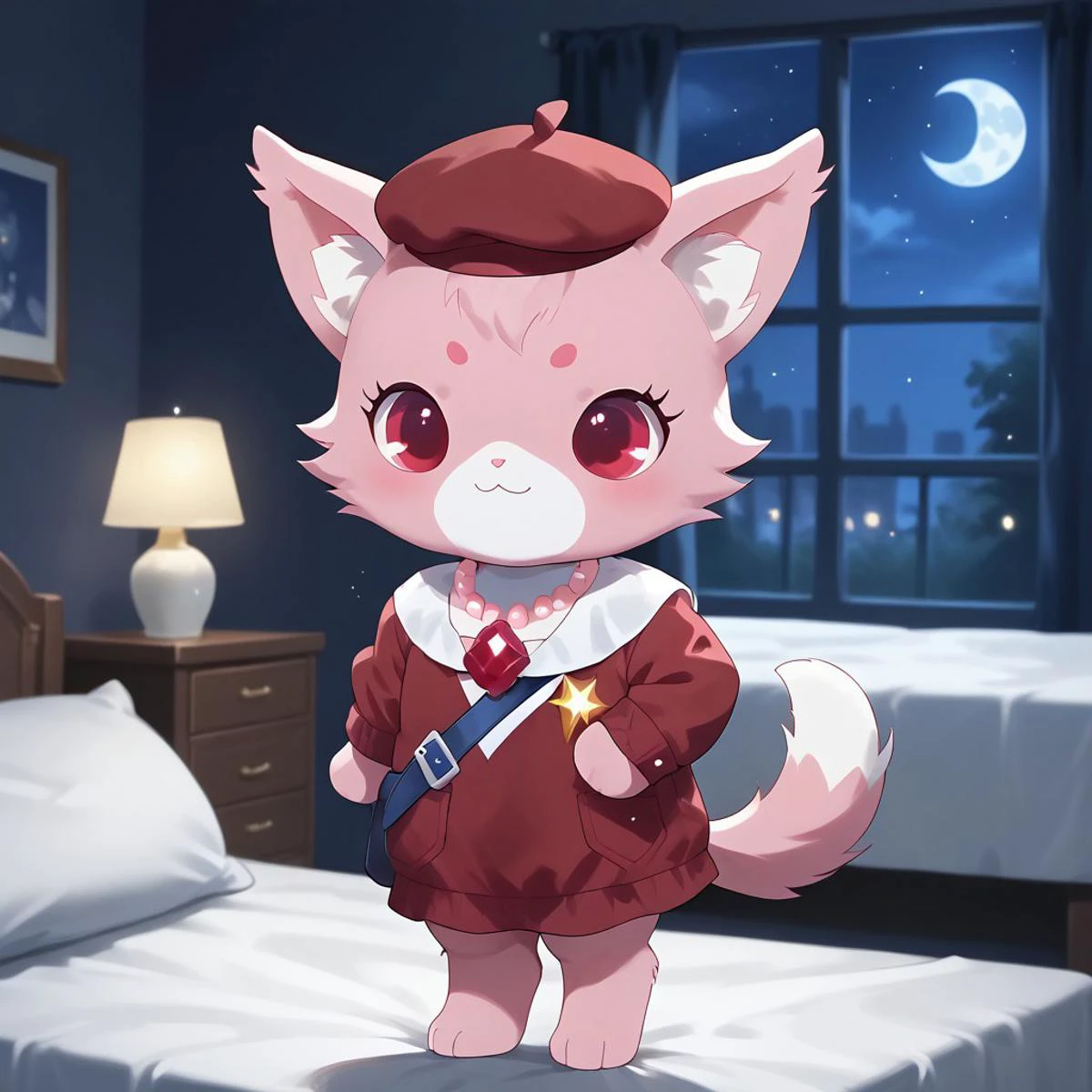 uploaded on e621, source_furry, moe, cute, score_10, score_9_up, score_8_up, score_7_up, score_6_up,
masterpiece, super fine illustration, best quality, light particles, ultra-detailed, 8K wallpaper, vivid colors,highly detailed beautiful face and eyes,
front_view,
((background:hotel,bedroom,Indoors)),(night,dark,moon,shiny,evening, night time, night sky,dark blue lighting,shadow:1.5),
BREAK,
standing,smile, Full Body, Romantic, Small Body, Furry, jewel pet, ((solo,1girl,female)),Garnet,((perfect garnet)),(pink fur,pink body),((pink color cheek fur)),((pink limbs)),two-tone fur around mouth,((white color fur around mouth and nose)),((white chest tuft)),fluffy_tail,seductive,
solo,narrowed_eyes,(((bedroom eyes))),red eyes,closed smile mouth,
clothed,jyojifuku, school uniform, shoulder bag, beret,
no humans,animal,cat,cat ears,(pink inner ears),
bow,ears accessory,pink ears bow, 1 pink bow on ears,pink bow ears accessory,necklace,jewelry,necklace jewelry,right-handed,