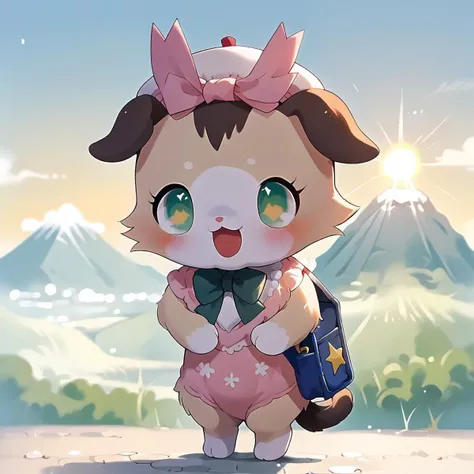 uploaded on e621, source_furry, moe, cute, score_10, score_9_up, score_8_up, score_7_up, score_6_up, sun,blue_sky, mountain, field,standing,smile,happy, Full Body, Romantic, Small Body, Furry, looking_pleasured, jewel pet, ((solo,1girl,female)),center,Milky,perfect milky,green eyes,bright pupils, torogao,
light blue fur,((pink chest tuft)),white frilly headdress, 
clothing, jyojifuku, school uniform, shoulder bag, beret,
no humans,animal, chihuahua,[cat], animal ears, (neck bow,green_bow,1 bow in front),dog tail,