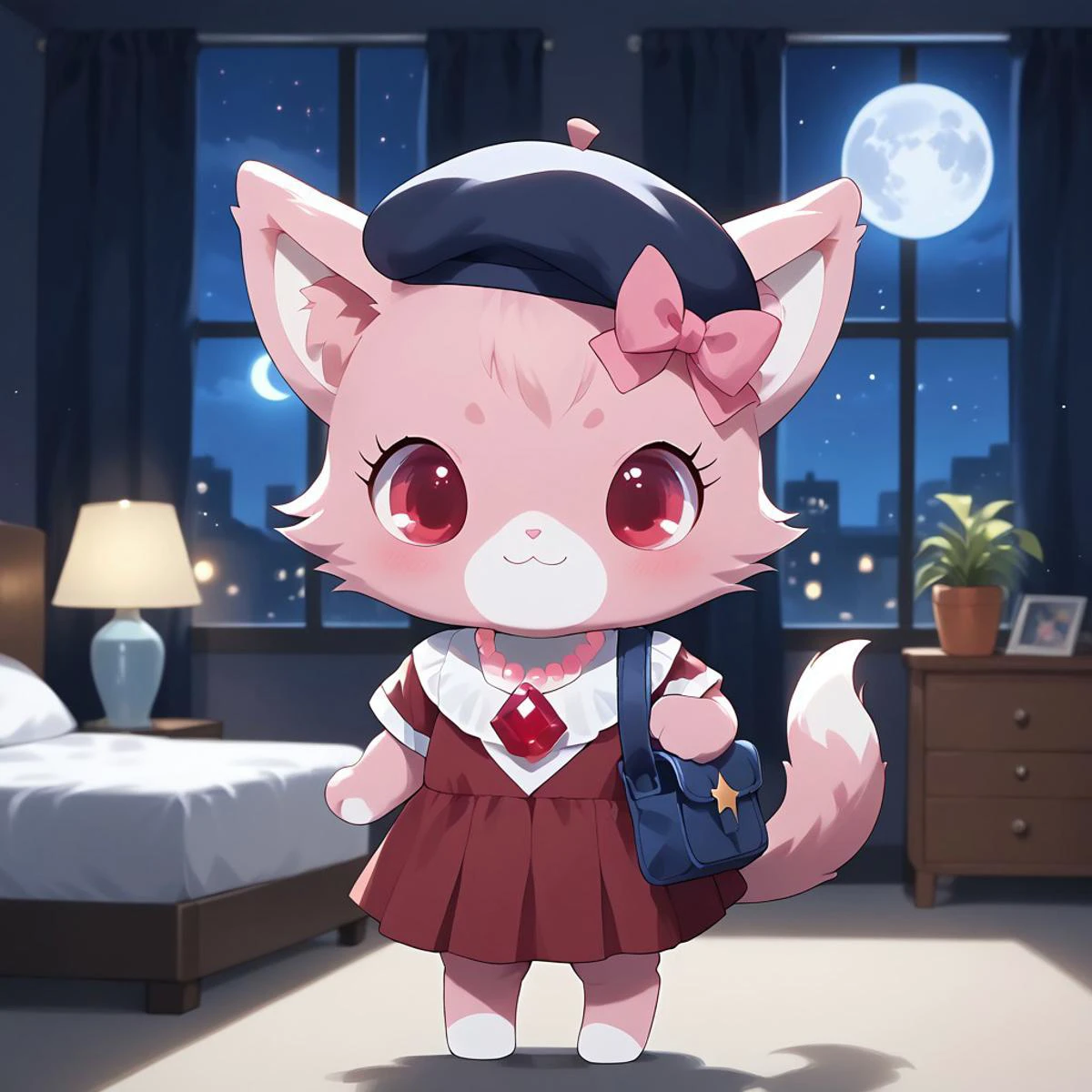 uploaded on e621, source_furry, moe, cute, score_10, score_9_up, score_8_up, score_7_up, score_6_up,
masterpiece, super fine illustration, best quality, light particles, ultra-detailed, 8K wallpaper, vivid colors,highly detailed beautiful face and eyes,
front_view,
((background:hotel,bedroom,Indoors)),(night,dark,moon,shiny,evening, night time, night sky,dark blue lighting,shadow:1.5),
BREAK,
standing,smile, Full Body, Romantic, Small Body, Furry, jewel pet, ((solo,1girl,female)),Garnet,((perfect garnet)),(pink fur,pink body),((pink color cheek fur)),((pink limbs)),two-tone fur around mouth,((white color fur around mouth and nose)),((white chest tuft)),fluffy_tail,seductive,
solo,torogao,red eyes,closed smile mouth,
clothed,white clothing,jyojifuku, school uniform,white school uniform,pink skirt, shoulder bag, beret,
no humans,animal,cat,cat ears,(pink inner ears),
bow,ears accessory,pink ears bow, 1 pink bow on ears,pink bow ears accessory,necklace,jewelry,necklace jewelry,right-handed,