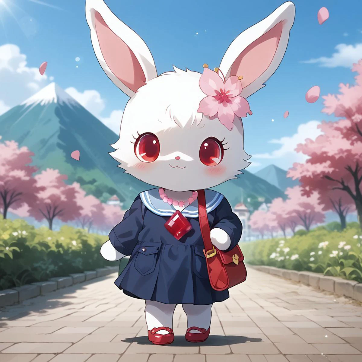 uploaded on e621, source_furry, moe, cute, score_10, score_9_up, score_8_up, score_7_up, masterpiece, super fine illustration, best quality, light particles, ultra-detailed, 8K wallpaper, vivid colors,highly detailed beautiful face and eyes, background:floral garden,nature_background,beautiful landscape,sun,blue_sky, mountain, field, standing, smile,happy, Full Body, Romantic, Small Body, Furry, looking_pleasured, jewel pet, ((solo,1girl,female)),center,Ruby,perfect ruby,(white fur,white body),((white color cheek fur)),red eyes,closed smile,
torogao,red eyes,closed smile mouth,
clothed,lightblue clothing,jyojifuku, school uniform,lightblue school uniform,shoulder bag, beret,
no humans,animal,rabbit,rabbit ears,white ears, hair_accessory, 1 cherry blossom on bunny head,cherry blossom hair accessory,jewelry,necklace,cherries gem,cherries necklace,