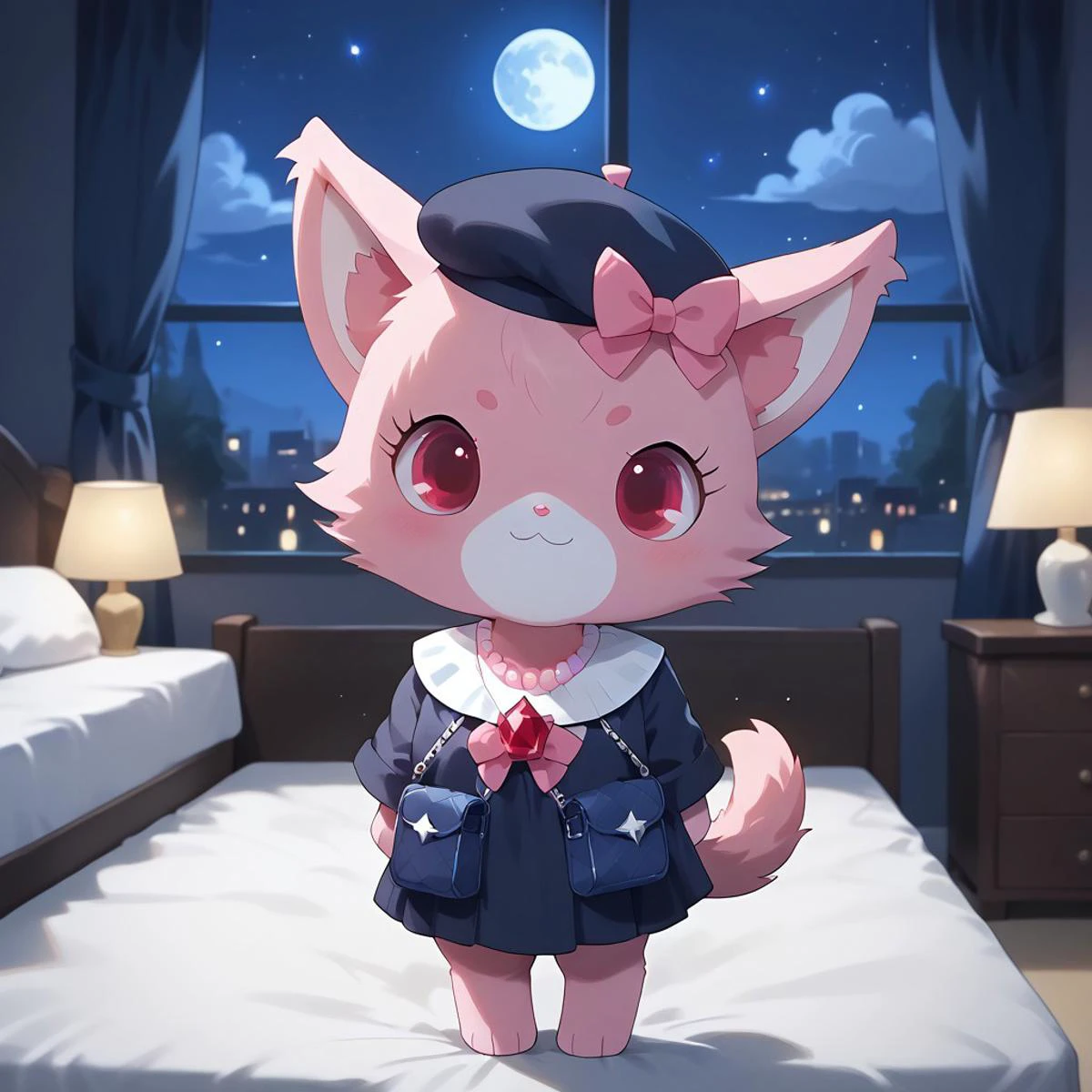 uploaded on e621, source_furry, moe, cute, score_10, score_9_up, score_8_up, score_7_up, score_6_up,
masterpiece, super fine illustration, best quality, light particles, ultra-detailed, 8K wallpaper, vivid colors,highly detailed beautiful face and eyes,
front_view,
((background:hotel,bedroom,Indoors)),(night,dark,moon,shiny,evening, night time, night sky,dark blue lighting,shadow:1.5),
BREAK,
standing,smile, Full Body, Romantic, Small Body, Furry, jewel pet, ((solo,1girl,female)),Garnet,((perfect garnet)),(pink fur,pink body),((pink color cheek fur)),((pink limbs)),two-tone fur around mouth,((white color fur around mouth and nose)),((white chest tuft)),fluffy_tail,seductive,
solo,torogao,red eyes,closed smile mouth,
clothed,deepskyblue clothing,jyojifuku, school uniform,deepskyblue school uniform, shoulder bag, beret,
no humans,animal,cat,cat ears,(pink inner ears),
bow,ears accessory,pink ears bow, 1 pink bow on ears,pink bow ears accessory,necklace,jewelry,necklace jewelry,right-handed,