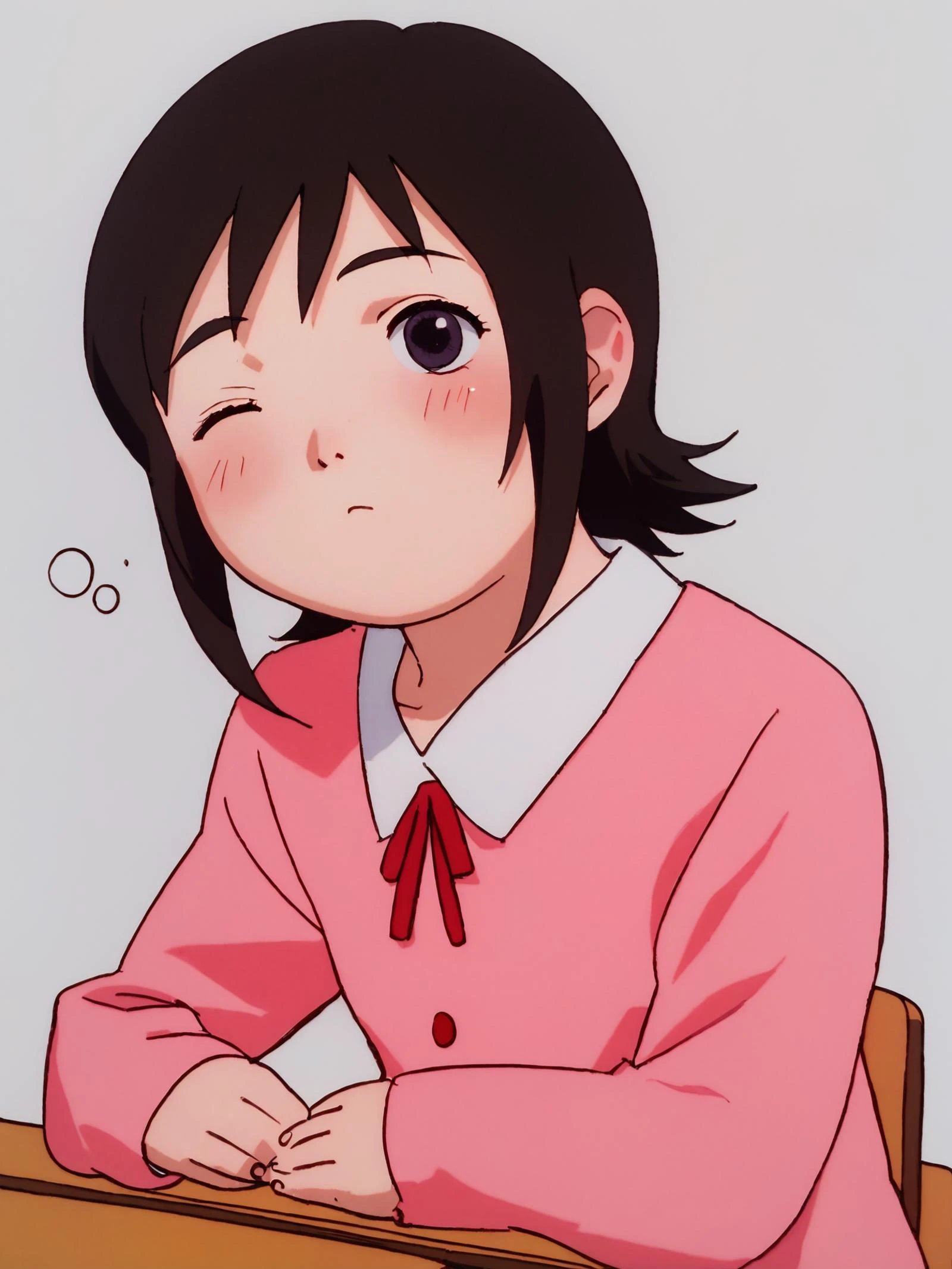 score_7_up, score_8_up, score_9, BREAK masterpiece, high quality, white background, 1girl, solo, <lora:Mizuki_Alice_PDXLv0-e55:0.8> mizuki alice, blush, ((child, shortstack cute, chidish, cutest, cutie:1.2, chbi:1.3)), <lora:youchien_Pony_V1.0:1> jyojifuku, pink dress, waking up:1.3, school desk, half sleep, sleepy, one eye open, school uniform,