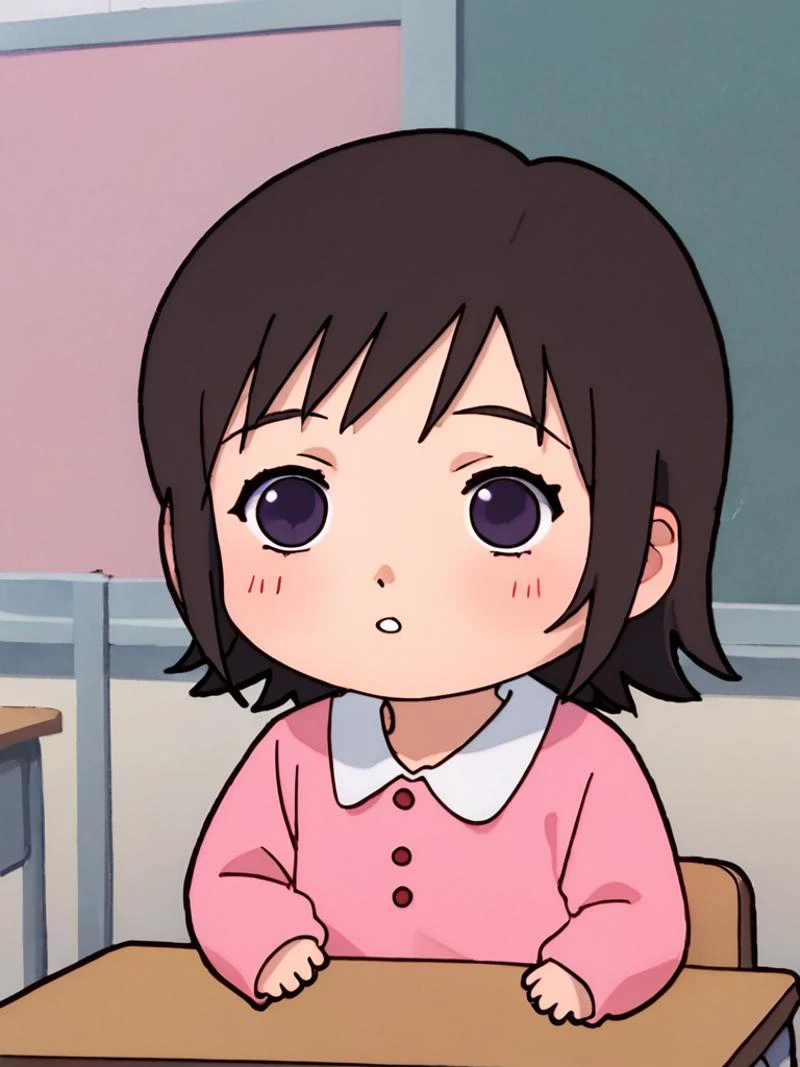 score_7_up, score_8_up, score_9, BREAK masterpiece, high quality, perfect hands, classroom, 1girl, solo, <lora:Mizuki_Alice_PDXLv0-e55:0.65> mizuki alice, ((, cute, childish, cutest, cutie:1.2, chibi:1.4)), <lora:youchien_Pony_V1.0:1> jyojifuku, pink dress, (waking up:1.3, rubbing eyes), school desk, chair, sleepy, tiny hands, head on desk looking up, open mouth, <lora:uohh_missing_tooth:1> missing_tooth, teeth