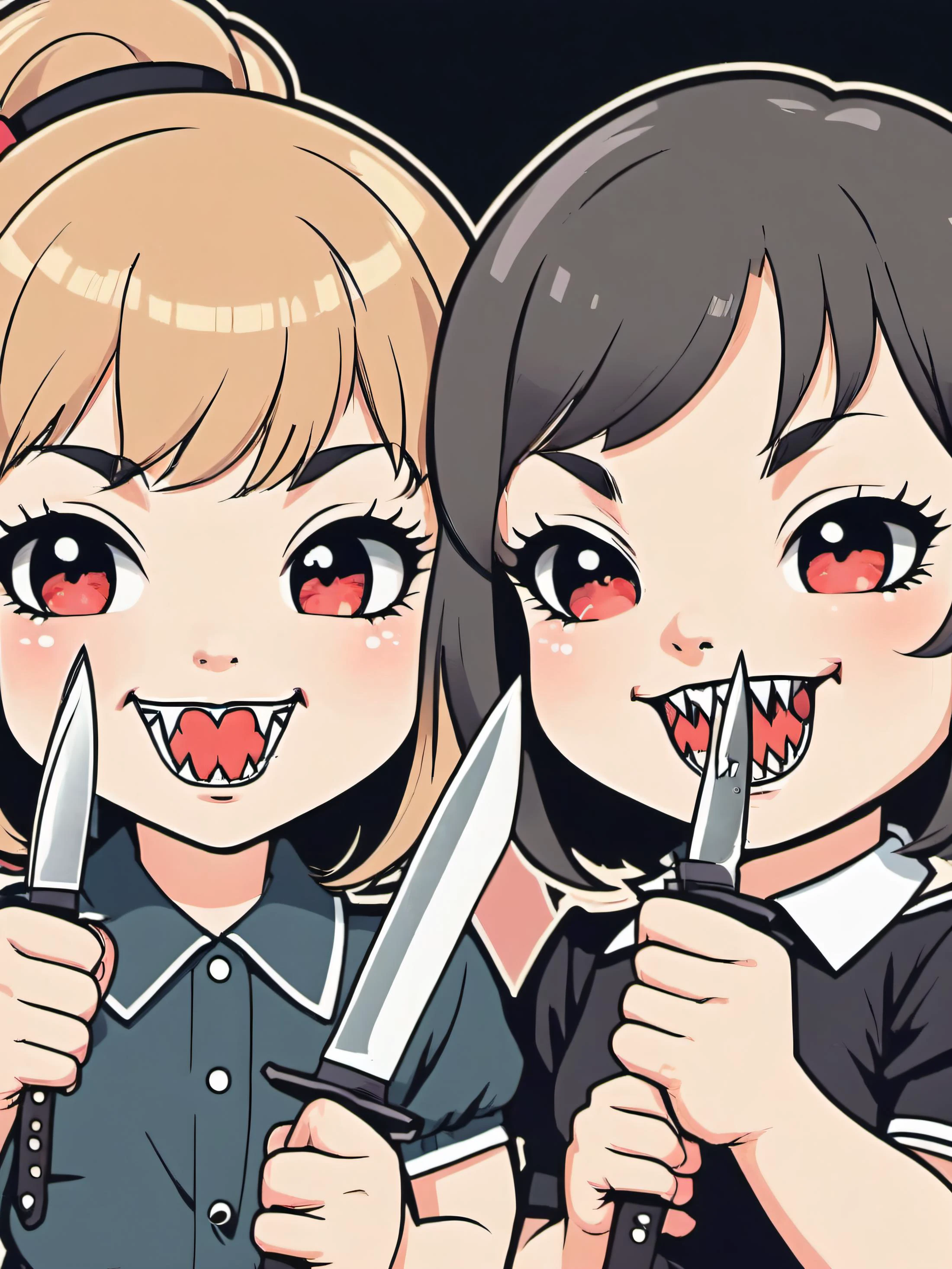 vintage adorable 2d cartoon, retro 1980s faded colors vhs quality animation still, thick outlines, cute cartoon chibi girls confident smiling (vampire fangs) holding sharp knives, pointing knives at camera, <lora:EnvyBeautyMixXL02:0.7> ,