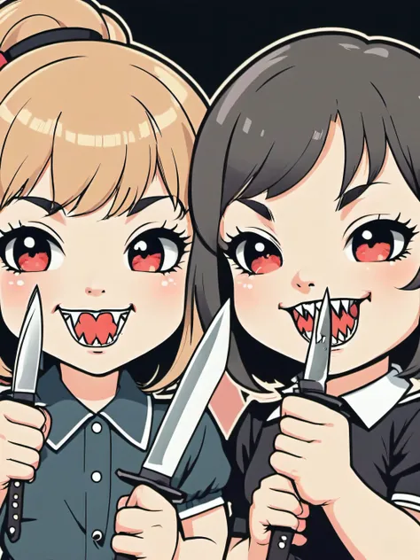 vintage adorable 2d cartoon, retro 1980s faded colors vhs quality animation still, thick outlines, cute cartoon chibi girls confident smiling (vampire fangs) holding sharp knives, pointing knives at camera, <lora:EnvyBeautyMixXL02:0.7> ,