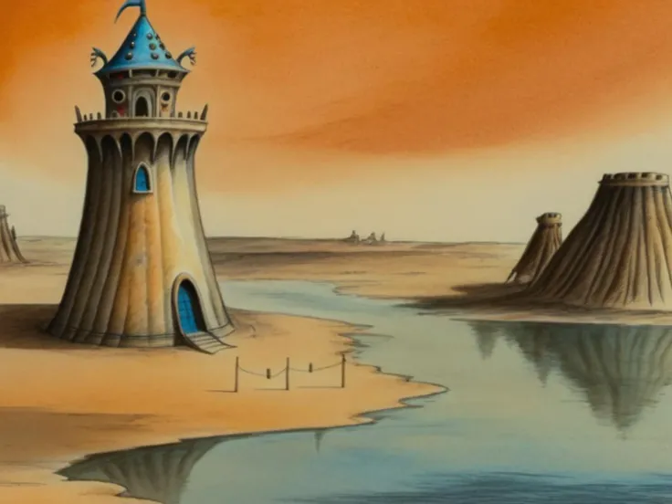 2d retro illustration, watercolor, pencil crayon, wizard's tower and Djinn Desert with swamp creature and Launch and Landing Ports  
 simple face detail <lora:Fantastic_Planet_XL01:1.1>