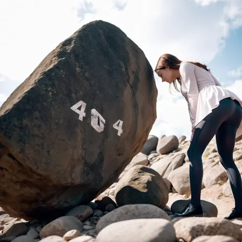 cinematic photo woman in dress, lifting large rock, looking under rock, the rock has text "404", searching . 35mm photograph, film, bokeh, professional, 4k, highly detailed
