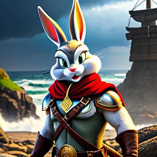 a close up of a rabbit in armor standing on a rocky beach