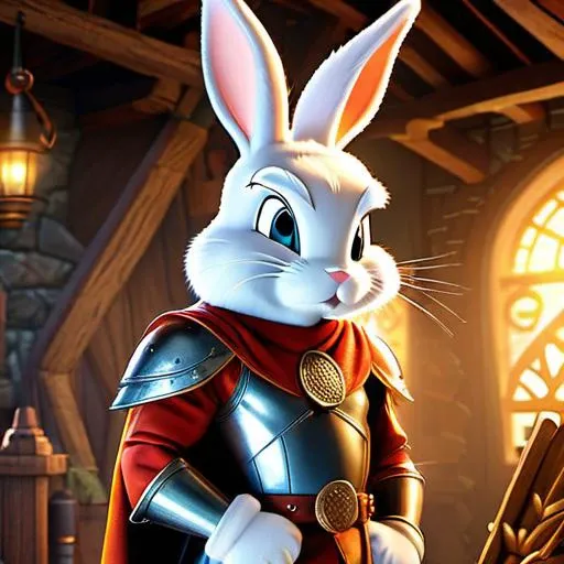 Bugs Bunny, the iconic Looney Tunes character, in a striking and unexpected role as a viking warrior. Dressed in full battle armor, he stands proudly with his chin held high, exuding an aura of fearlessness and courage. His body is adorned with a shining suit of scale armor, intricately crafted to protect him in the heat of battle. A horned helmet sits atop his head, its menacing visage reflecting his battle-ready spirit. A fearsome axe is slung over his shoulder, ready to be drawn at a moment's notice. Despite the traditional viking attire, Bugs' signature black "Bugs Bunny" bowtie and large carrot are prominently visible, adding a touch of his characteristic charm to the otherwise intimidating scene. The image is set against a backdrop of a stormy sea, with a longship anchored in the distance, further emphasizing Bugs' transmorph from lovable rabbit to fearsome viking warrior. (((<lora:Bugs-BunnyFRL22nO:0.8> )bugs bunny))), photo taken by Cannon EOS 50D, 8k, hd, masterpiece, canon camera,ultra realistic,professional photo,raw photo,(masterpiece,best quality:1.8),(32k UHD resolution,8k wallpaper),
, ((looney tunes characters (Bugs Bunny, Tweety Bird, Lola Bunny, Wile E Coyote, Elmar Fudd),as 50 viking warriors, valkyrians)) celebrating a victorious won war, victorious poses, background: inside of an ancient viking town hall