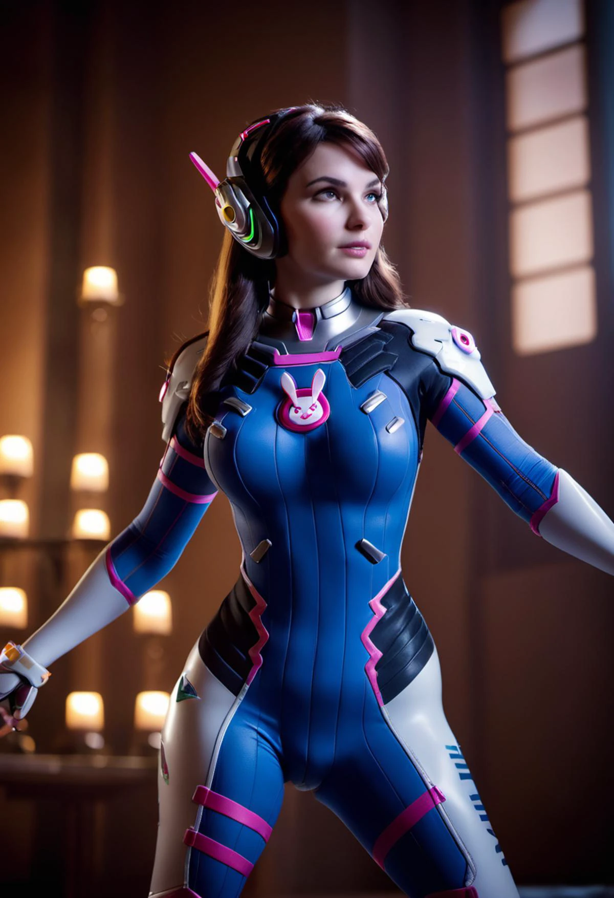 cinematic film still Cinematic scene, hero view, D.Va, Overwatch <lora:d.va_xl_v1:1>, action pose, detailed background, masterpiece, best quality, high quality, highres, absurdres, Guild Wars 2 . shallow depth of field, vignette, highly detailed, high budget Hollywood movie, bokeh, cinemascope, moody, epic, gorgeous, film grain, grainy