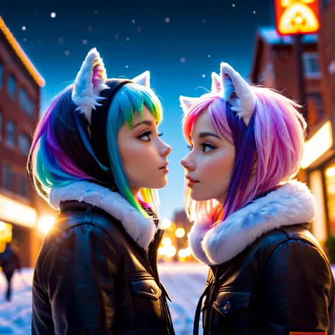cinematic photo, 4k, UHD, photorealistic, full-body , ((sharp focus)), RAW, high quality, realistic, photo realistic, dreamlikeart, lens flare,
two 18yo (slim) furry girls, anime furry women, rainbow hair, shyly kissing, cute, kawaii, lovely, fur, fur head, wolf head, narrow waist, wolf ears,
petite, flat chest, highly detailed face, highly detailed eyes,
realistic detail, bokeh, cityscape,
<lora:PerfectEyesXL:1>