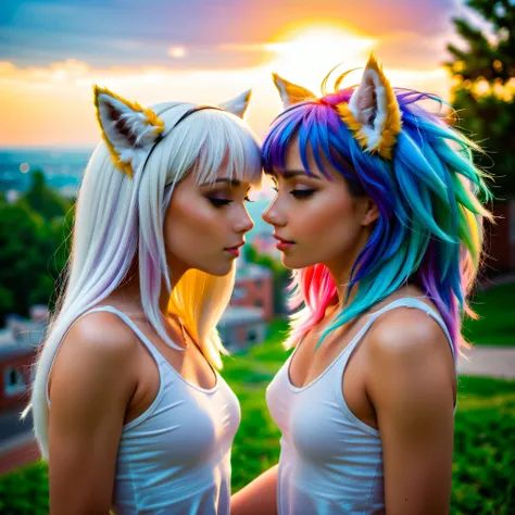 cinematic photo, 4k, UHD, photorealistic,  full-body , ((sharp focus)), RAW, high quality, realistic, photo realistic, dreamlikeart, lens flare,

two 18yo (slim) furry girls, anime furry women, rainbow hair, kissing, cute, kawaii, lovely, fur, fur head, wolf head, narrow waist, wolf ears, 

petite, flat chest,  highly detailed face, highly detailed eyes, summer,

 realistic detail, bokeh, cityscape,

<lora:PerfectEyesXL:1>