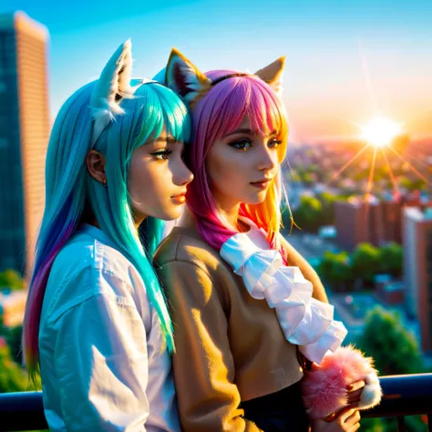 cinematic photo, 4k, UHD, photorealistic,  full-body , ((sharp focus)), RAW, high quality, realistic, photo realistic, dreamlikeart, lens flare,

two 18yo (slim) furry girls, anime furry women, rainbow hair,  kissing, cute, kawaii, lovely, fur, fur head, wolf head, narrow waist, wolf ears, 

petite, flat chest,  highly detailed face, highly detailed eyes, (summer clothing),

 realistic detail, bokeh, cityscape,

<lora:PerfectEyesXL:1>