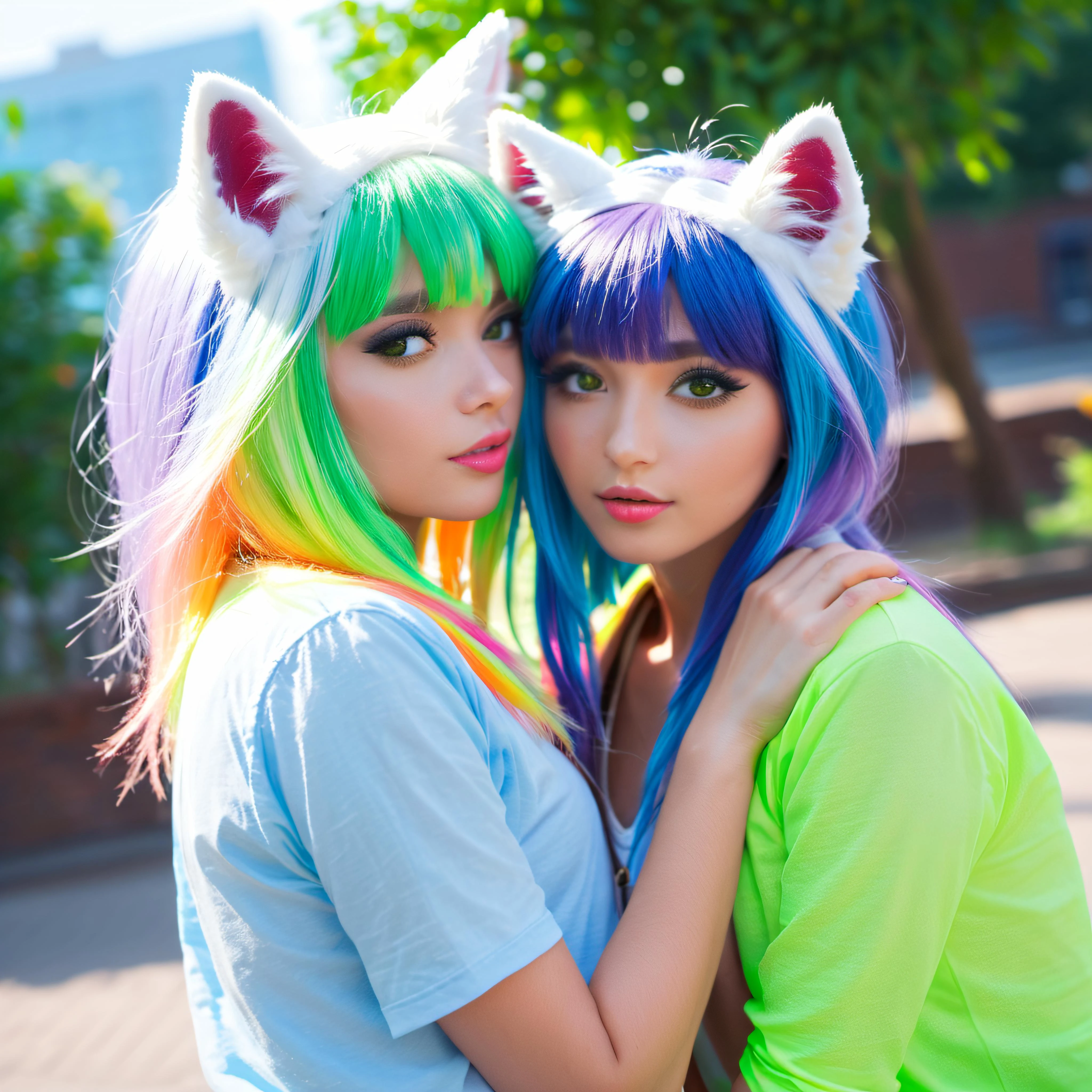 cinematic photo, 4k, UHD, photorealistic, full-body , ((sharp focus)), RAW, high quality, realistic, photo realistic, dreamlikeart, lens flare,
two 18yo (slim) furry girls, anime furry women, rainbow hair, (kissing:1.5), cute, kawaii, lovely, fur, fur head, wolf head, narrow waist, wolf ears,
petite, flat chest, highly detailed face, highly detailed eyes, (summer clothing:1.7),
realistic detail, bokeh, cityscape,
<lora:PerfectEyesXL:1>