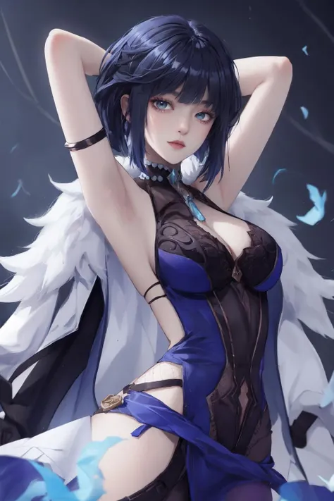 1girl, yelan, yelan \(genshin impact\), blue hair, green eyes, cosplay, <lora:yelan ax 01:0.75>, shadow, (eyeliner:0.8), seductive, Eye shadow, masterpiece, best quality,