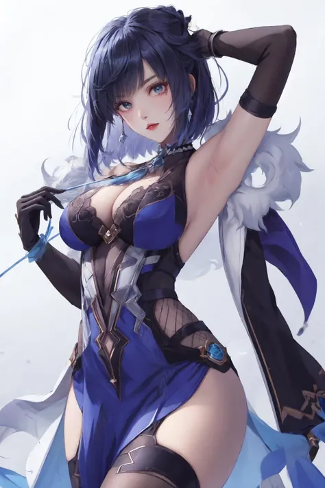 1girl, yelan, yelan \(genshin impact\), blue hair, green eyes, cosplay, <lora:yelan ax 01:0.75>, shadow, (eyeliner:0.8), seductive, Eye shadow, Put down one's hand, messy hair, close-up, depth of field, masterpiece, best quality,