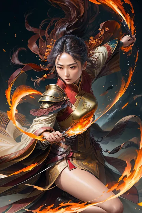 MeiyuCipher, orange spike aura in motion, damaged chinese clothes, floating pieces, painted by art by tsuyoshi nagano, greg rutkowski, artgerm, alphonse mucha, spike painting, trending on artstation, sharp focus, studio photo, intricate details, highly detailed, by greg rutkowski <lora:add_detail:0.5>