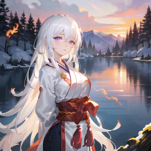 ((masterpiece))), (((best quality))), ((ultra-detailed)), (illustration), ((an extremely delicate and beautiful)), cinematic angle, (beautiful detailed eyes), (detailed light), cinematic lighting, detailed CG unity 8k wallpaper, ((highly detailed)),(best quality), amazing, beautiful detailed, depth of field, highres, amazing fine details and brush strokes, smooth, beautiful detailed eyes,
1girl, (white hair: 1.6), very long hair, purple eyes, thin, (very long hair), hanfu, (glowing eyes), ((phoenix eyes)), (hands behind back), thin, medium_breasts,
(dusk), mountain, (lake), sunset, (huge plum trees), Chinese-style cabins, snow,