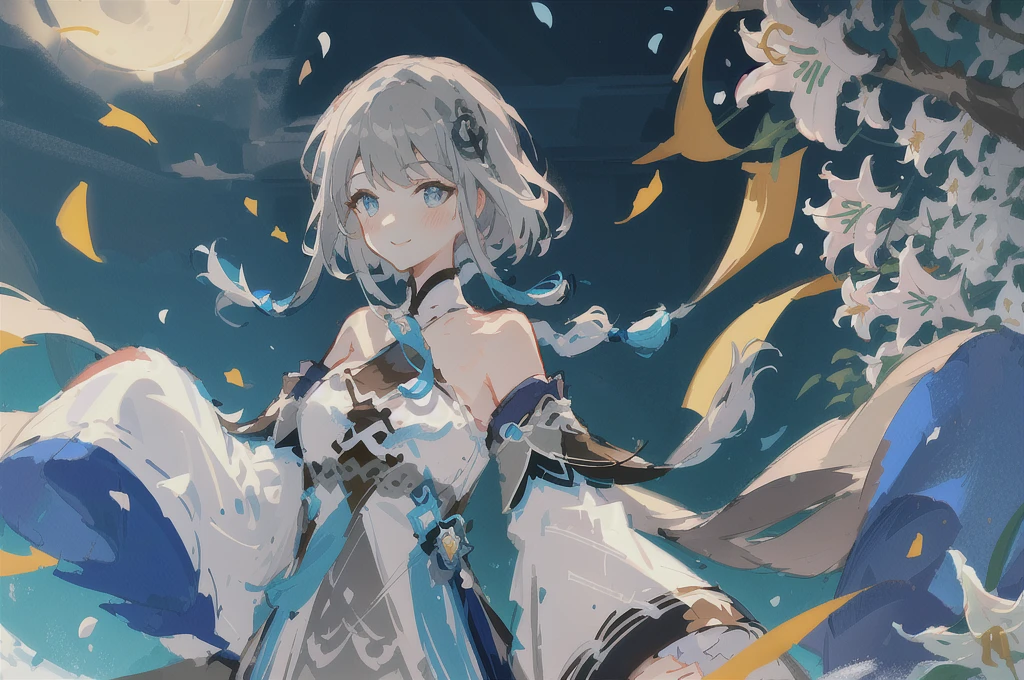 guizhong \(genshin impact\), <lora: Guizhong_1(7e0da4b3): 0.85>
((masterpiece))), (((best quality))), ((ultra-detailed)), (illustration), ((an extremely delicate and beautiful)), cinematic angle, (beautiful detailed eyes), (detailed light), cinematic lighting, detailed CG unity 8k wallpaper, ((highly detailed)),(best quality), amazing, beautiful detailed, depth of field, highres, amazing fine details and brush strokes, smooth, beautiful detailed eyes,
(1 girl), bangs, blue eyes,blush, detached sleeves, (very grey hair), hair ornament, ((short hair with long locks and braid)), tassel, tassel hair ornament, wide sleeves, ((((hands in sleeve)))), (thin), (seductive smile), (huge sleeve cuffs), (star in sleeve cuffs),
((moon)),(moonlight), (starry sky),(star), ((galaxy)),(lighting particle), fog, snow, (white lilies sea),
(painting), (sketch), (bloom)